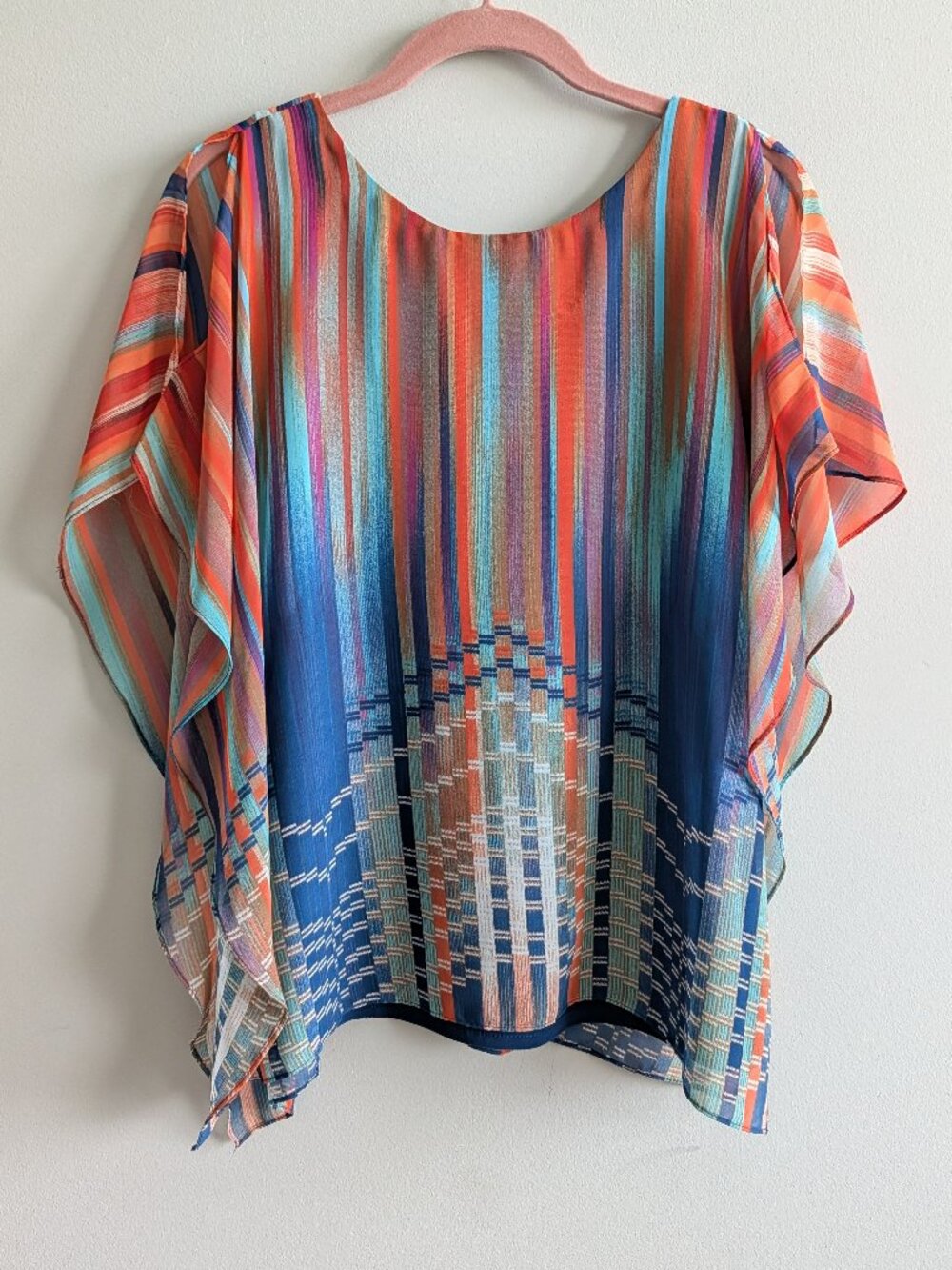 Coco Bianco Multicolor Sheer Dolman Sleeve Blouse Lined Chiffon Top Small